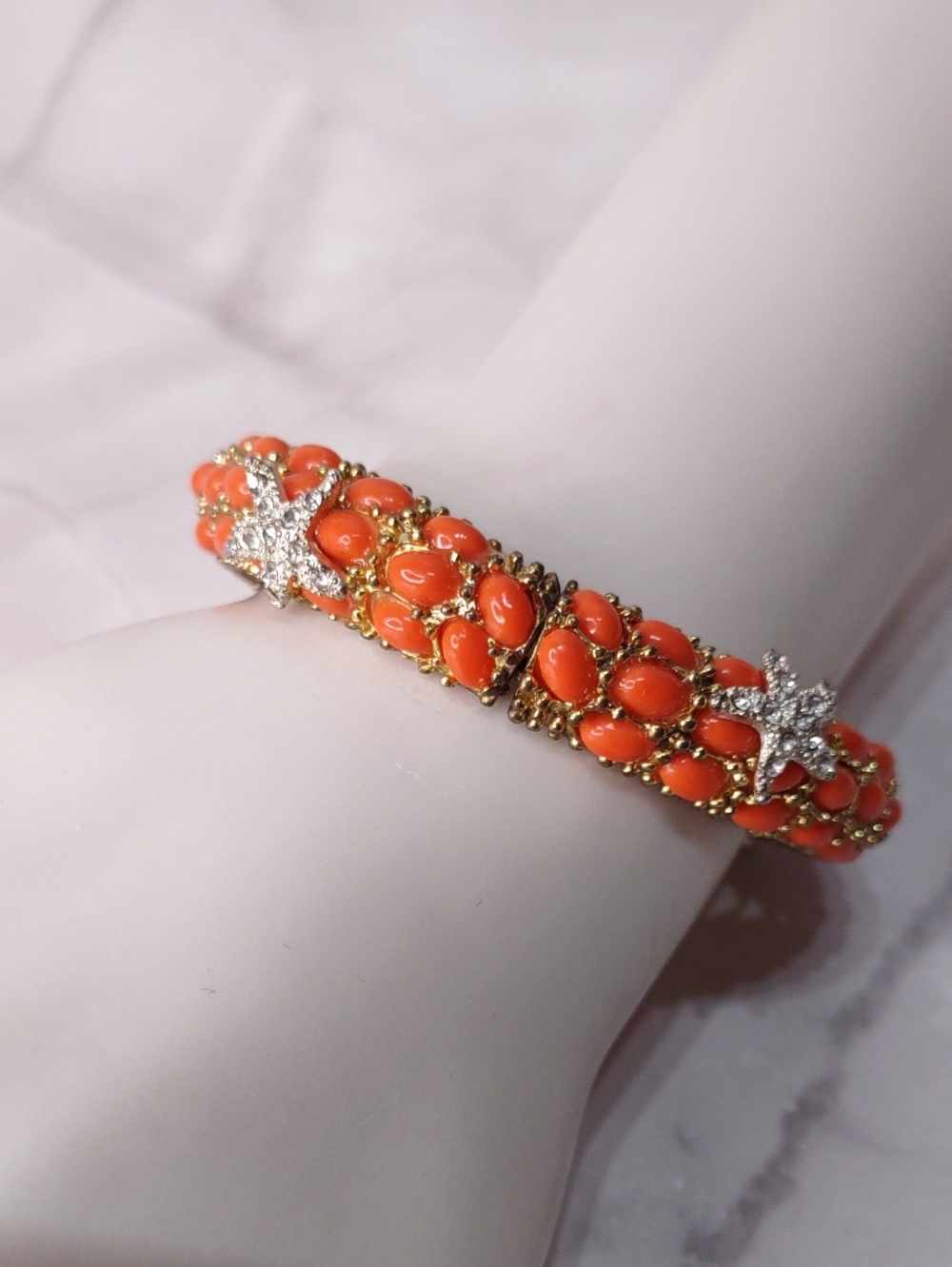 Coral Bead/Crystal Starfish Hinged Bangle Bracelet